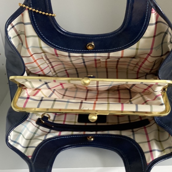 Coach Patent Navy Pleated Framed Satchel - Picture 4 of 10